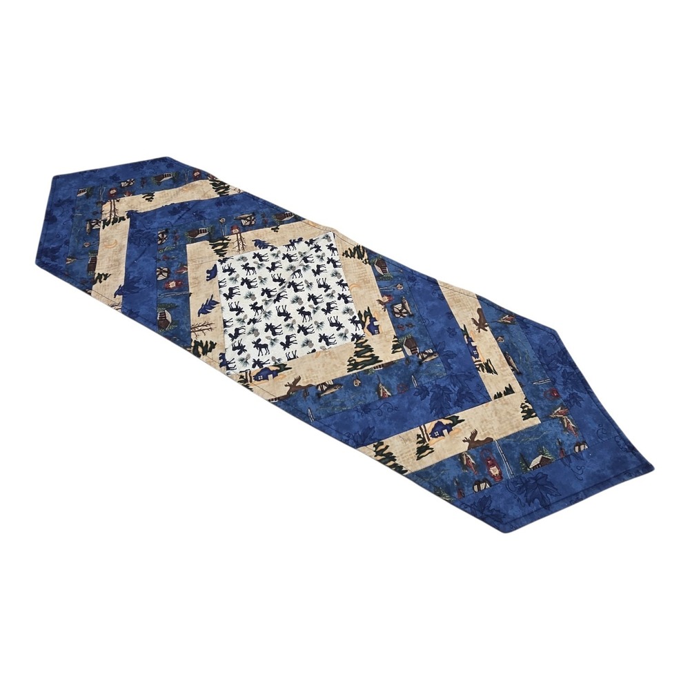 Vintage Handmade Quilted Table Runner Lodge Fishing Cabin‎ Moose Blue 11.5"X40"
